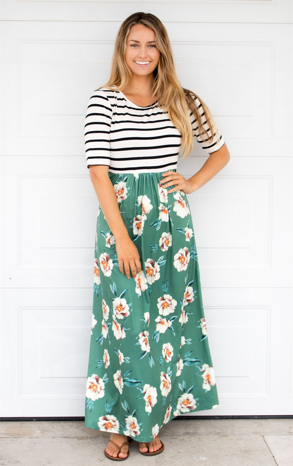 Stripe and Floral Maxi Dress - Green ...